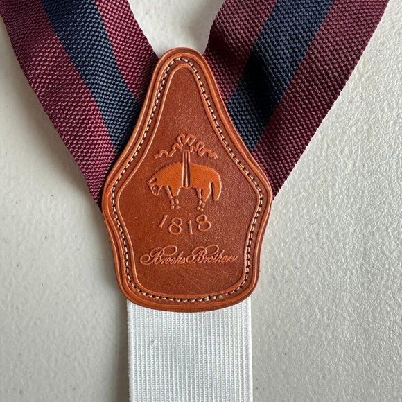 Brooks Brothers Maroon Navy Stripe Adjustable Suspenders Silk Leather England - Picture 8 of 9